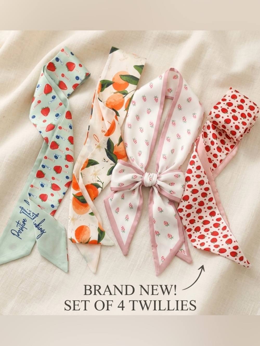 Set of 4 Fruit Twilly Scarf Bundle Cottagecore Strawberry Orange Twillies NWT